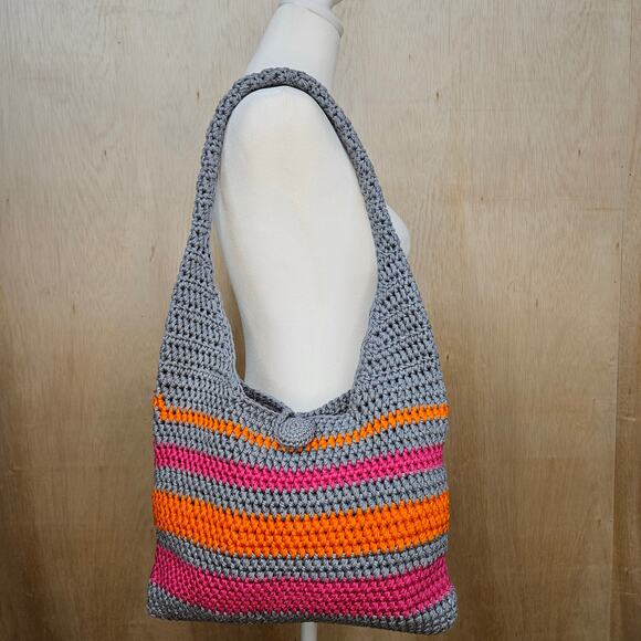 Vintage Handmade Gray/Pink/Orange Crocheted Shoulder Bag - Picture 5 of 8